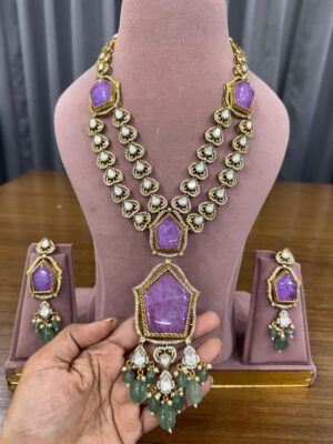 Kohinoor Luxuria Lavendar Gemstone Moissanite Fine Quality Necklace Set with Maang Teeka and Earrings