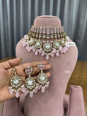Pink Elegance Moissanite Fine Quality Necklace Set with Maang Teeka and Earrings