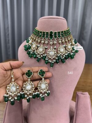 Emerald Elegance Moissanite Fine Quality Necklace Set with Maang Teeka and Earrings