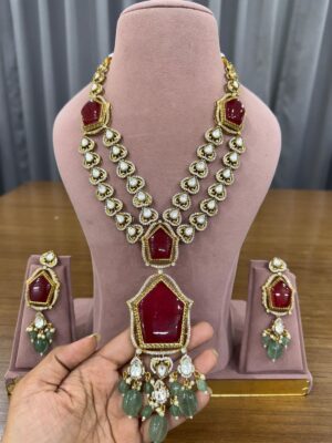 Kohinoor Luxuria Ruby Mint Drop Moissanite Fine Quality Necklace Set with Maang Teeka and Earrings