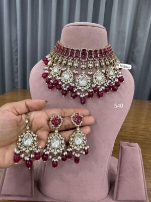 Ruby Elegance Moissanite Fine Quality Necklace Set with Maang Teeka and Earrings