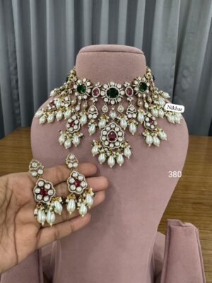 Ruby Emerald Velvet Pearls Moissanite Fine Quality Necklace Set with Maang Teeka and Earrings