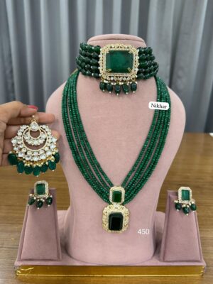Riwaayat Layered Emerald Moissanite Fine Quality Necklace Set with Maang Teeka and Earrings