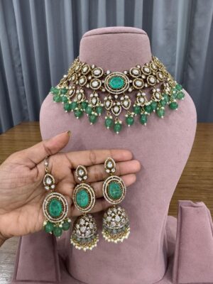 Mint Moissanite Antique Polish Drop Necklace Set with Maang Teeka and Earrings