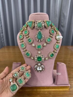 Mint Exquisite Broad Stones Moissanite Fine Quality Necklace Set with Maang Teeka and Earrings