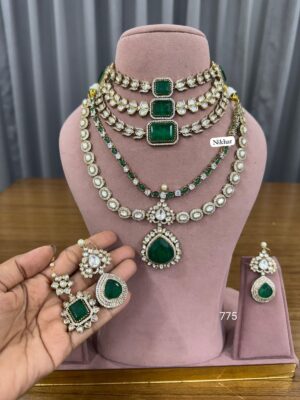 Ruhani Pure Emeralds Moissanite Fine Quality Necklace Set with Maang Teeka and Earrings