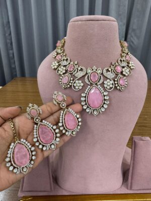 Pink Glam Bollywood Fine Quality Necklace Set with Maang Teeka and Earrings