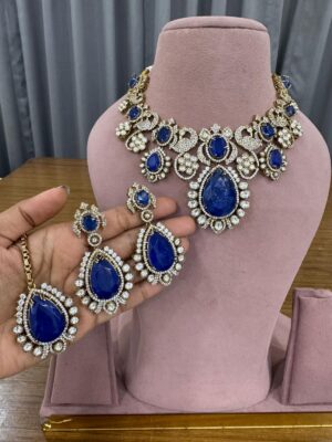 Navy Glam Bollywood Fine Quality Necklace Set with Maang Teeka and Earrings