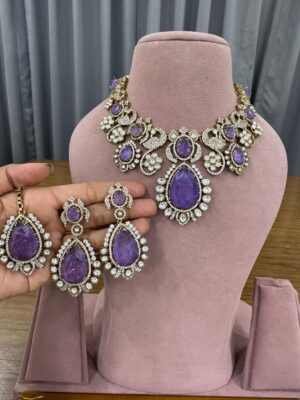 Lavendar Glam Bollywood Fine Quality Necklace Set with Maang Teeka and Earrings