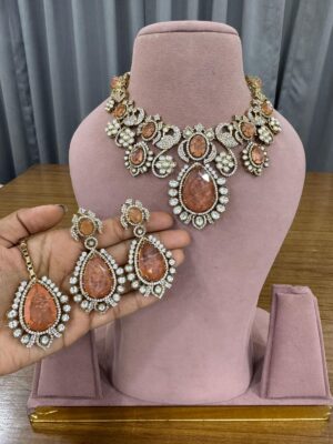 Peach Glam Bollywood Fine Quality Necklace Set with Maang Teeka and Earrings