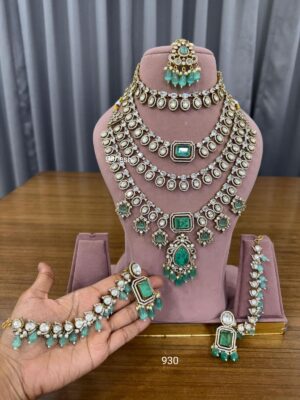Noor-e-Ishq 4 Layer Mint Fine Quality Necklace Set with Maang Teeka and Earrings