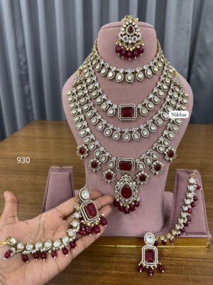 Noor-e-Ishq 4 Layer Ruby Fine Quality Necklace Set with Maang Teeka and Earrings