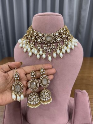Greyish Pearl Antique Polish Drop Necklace Set with Maang Teeka and Earrings