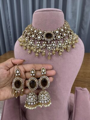 Roshni Pearls Antique Polish Drop Necklace Set with Maang Teeka and Earrings