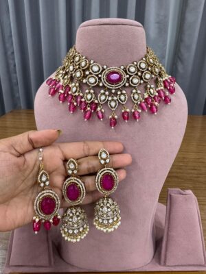 Ruby Pearl Antique Polish Drop Necklace Set with Maang Teeka and Earrings