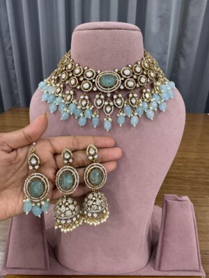 Sky Blue Pearl Antique Polish Drop Necklace Set with Maang Teeka and Earrings