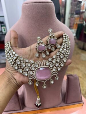 Baby Pink Moisanite Sparkling Fine Quality Necklace Set with Earrings