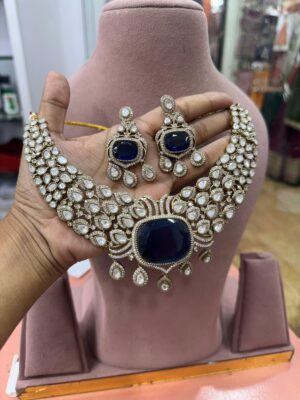 Navy Blue Moisanite Sparkling Fine Quality Necklace Set with Earrings