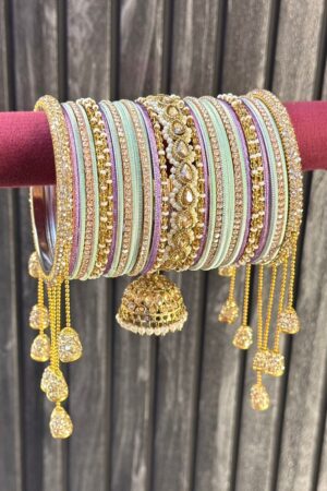Mint Lilac Reverse AD Hanging Bangle Set for 2 Hands