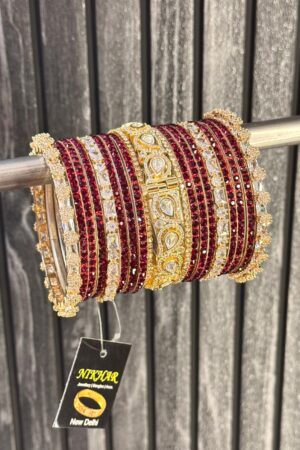 Maroon Shimering Moissanite American Diamond Bangle Set for 2 Hands