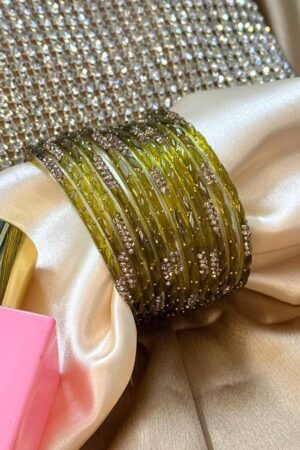 Mehendi Green Empress Gold Work Pure Glass Bangles Set of 12