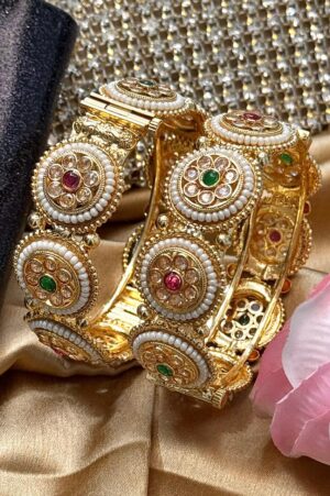 Shahi Polki Pearl Ruby Emerald Gold Bangles Set of 2 (Openable)
