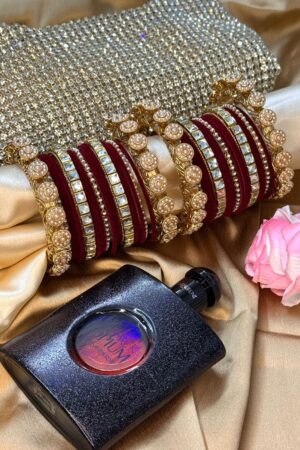 Kundan Pearl Noor Mahal Maroon Bangle Set for 2 Hand