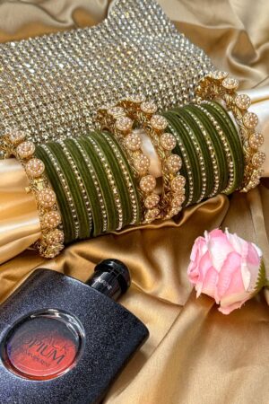 Pearl Noor Mahal Mehendi Green Bangle Set for 2 Hands