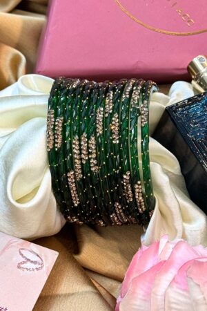 Green Empress Gold Work Pure Glass Bangles Set of 12