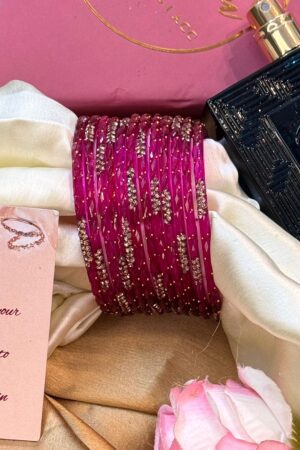 Cherry Pink Empress Gold Work Pure Glass Bangles Set of 12