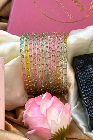 Mint Pink Multi Diamond Crystal Mirror Pure Glass Bangles Set of 12