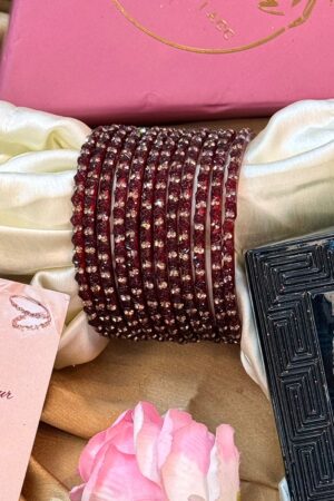 Maroon Diamond Crystal Mirror Pure Glass Bangles Set of 12