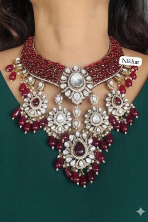 Zavya Luxurious Ruby Premium Designer Moissanite Necklace With Earrings