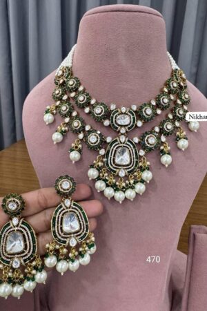 Kiara Emerald Fine Moissanite Pearls Necklace With Earrings