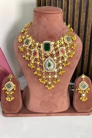 Kashmiri Ruby Emeralds Gold Polish Necklace Haar With Earrings