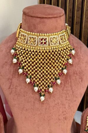 Dubai Style Ruby Pearls Gold Polish Necklace With Earrings MaangTeeka