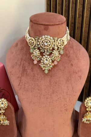 Zivara Pearls Mint Pink Necklace With Earrings MaangTeeka