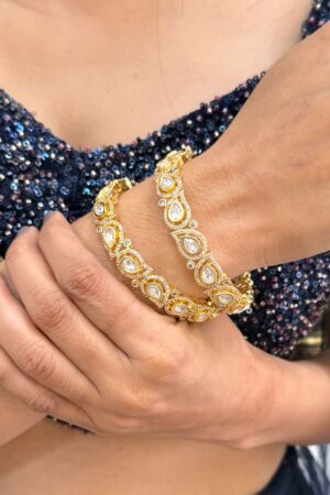 Moissanite Leaf Uncut Diamond Gold Polish Bangles Set of 2(Openable)