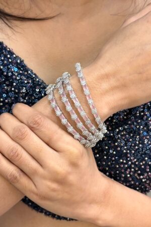 New Camellia Pink American Diamond Silver Bangles Set of 4