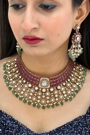 Royale Ruby Haute Mint Moissanite Necklace With Earrings And MaangTeeka