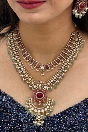 Natural Ruby Mint Cut Moissanite 2 Layer Necklace With Earrings