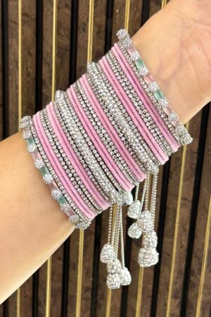 Diamond Luxe Pink Edit American Diamond Bangle Set For 2 Hands (MintPink)