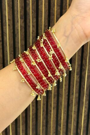 Glass Red Kashmiri Ghungroo Brass Gold Polish Bangle Set For 2 Hands
