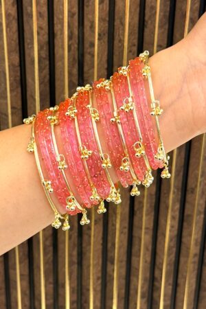 Glass Pink Kashmiri Ghungroo Brass Gold Polish Bangle Set For 2 Hands