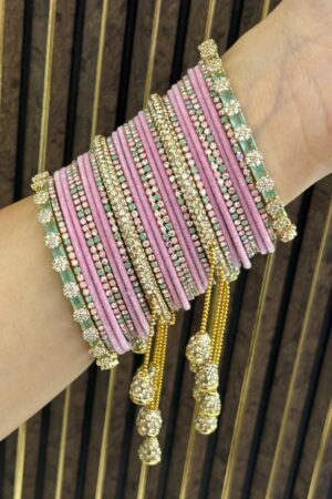 Diamond Princess Baby Pink Mint Garnish Luxe American Diamond Bangle Set For 2 Hands