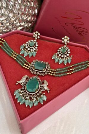 Mint Peacock Moissanite AD Pearls Necklace