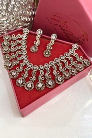 Velora Antique Gold Polish American Diamond Necklace Set