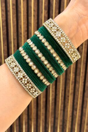 Green Silk Smooth Antique Gold Polish Bangle Set For 2 Hands