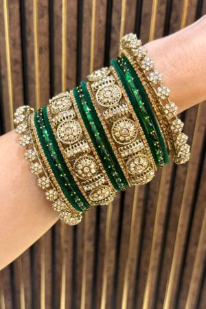 Green Emerald Royale Glow Antique Gold Bangle Set For 2 Hands