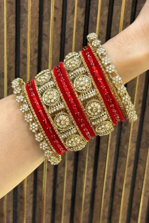 Red Emerald Royale Glow Antique Gold Bangle Set For 2 Hands